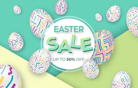 Easter background with 3d ornate eggs on green with circle frame. Cute vect.. Stock Illustration
