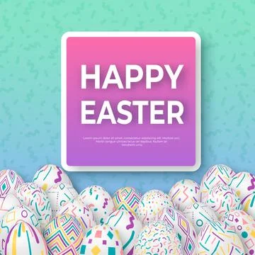 Easter background with 3d ornate eggs on green with square frame. Cute vect.. Stock Illustration