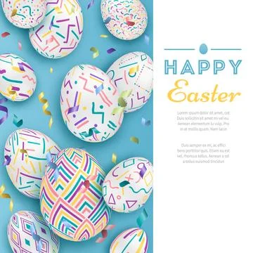 Easter background with 3d ornate eggs on blue with letters. Cute vector eas.. Stock Illustration