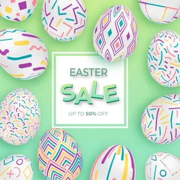 Easter background with 3d ornate eggs on green with square frame. Cute east.. Stock Illustration