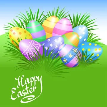 Easter background and colorful Easter eggs in green grass for Easter holidays Stock Illustration