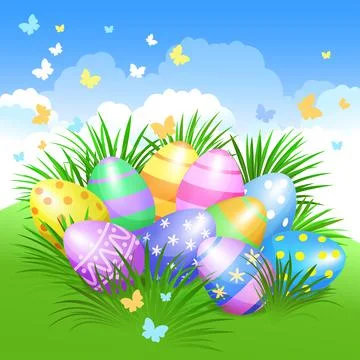 Easter background and colorful Easter eggs in green grass for Easter holidays Stock Illustration
