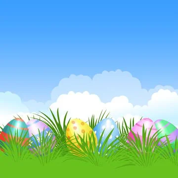 Easter background and colorful Easter eggs in green grass for Easter holidays Stock Illustration