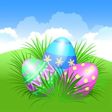 Easter background and colorful Easter eggs in green grass for Easter holidays Stock Illustration