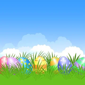 Easter background and colorful Easter eggs in green grass for Easter holidays Stock Illustration