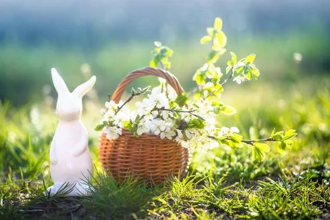 Easter background with Basket with branches of white cherry blossoms and Ceramic Stock Photos