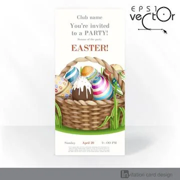 Easter Background With A Basket Full Easter Eggs. Party Invitation Card De... Stock Photos