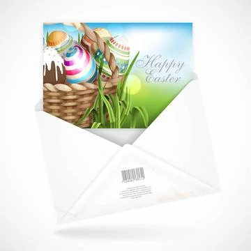 Easter Background With A Basket Full Easter Eggs. Postal Envelopes With Gr... Stock Photos