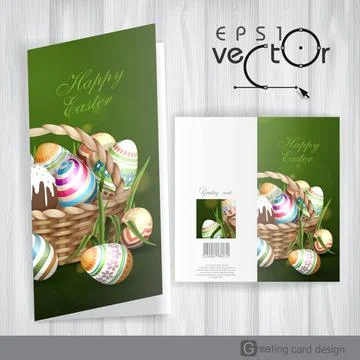 Easter Background With A Basket Full Easter Eggs. Greeting Card Design, Te... Stock Photos