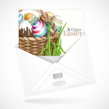 Easter Background With A Basket Full Easter Eggs Postal Envelopes With Gre... Stock Photos