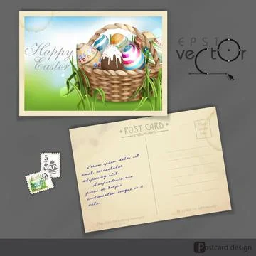 Easter Background With A Basket Old Postcard Design, Template. Easter Back... Foto stock