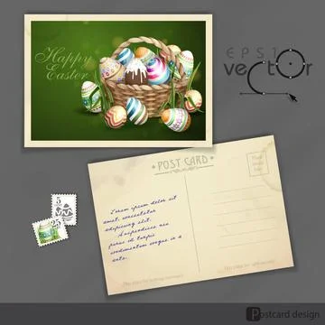 Easter Background With A Basket Old Postcard Design, Template. Easter Back... 스톡 사진