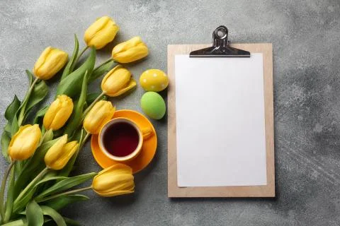 Easter background with blue and pink eggs in nest and yellow tulips. Top view Stock Photos
