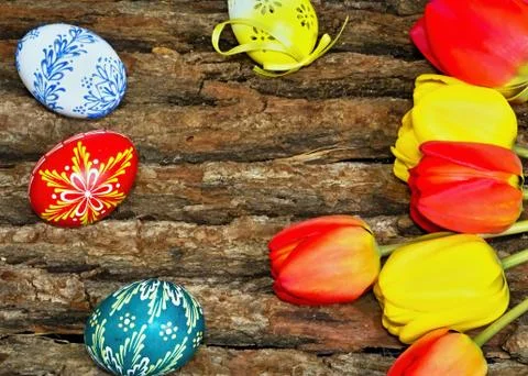 Easter background on the board of oak bark. Stock Photos