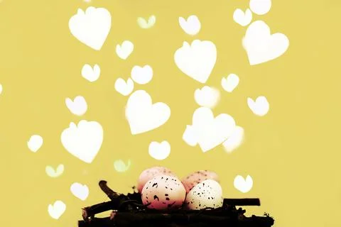 Easter background with bright bokeh with Easter egg decor Stock Photos