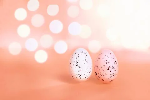 Easter background with bright bokeh with Easter egg decor Stock Photos