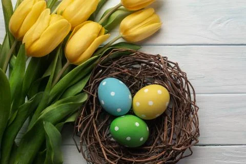 Easter background with bright, colored eggs in nest and yellow tulips. Top vi Stock Photos