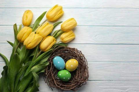 Easter background with bright, colored eggs in nest and yellow tulips. Top vi Stock Photos