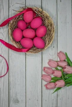 Easter background with bright pink eggs and beautiful pink tulips Stock Photos