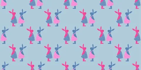 Easter background. Bright seamless pattern. Easter bunnies. Blue and pink.. Illustrazione stock