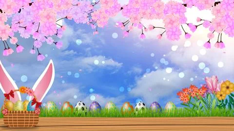 Easter background with bucket, beautiful sky , flowers, eggs and beautiful .. Stock Illustration
