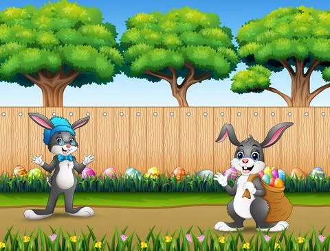 Easter background with bunnies on the nature Stock Illustration