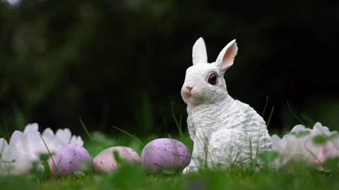 Easter background with bunny, eggs and flowers on green nature background Stock Footage 268982032
