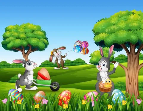 Easter background with cartoon rabbits playing in the nature Stock Illustration