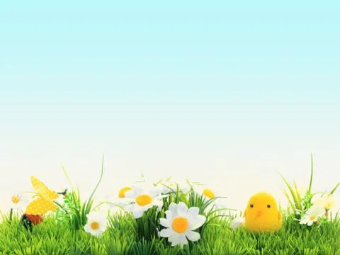 Easter background, cheerful flowers, Easter green and blue with yellow, Stock Photos