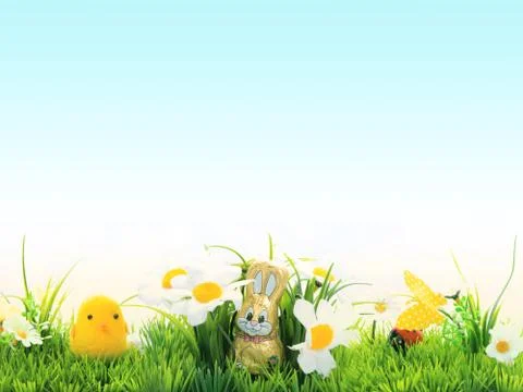 Easter background, cheerful flowers, Easter green and blue with yellow, Concept, Stock Photos