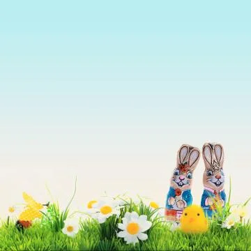 Easter background, cheerful flowers, Easter green and blue with yellow, Concept, Stock Photos