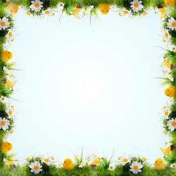 Easter background, cheerful flowers, Easter green and blue with yellow, Concept Stock Photos