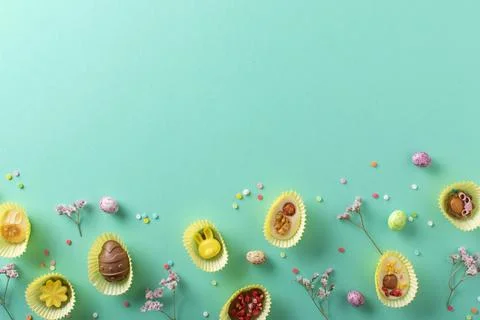 Easter background with chocolate eggs in the shape of Easter eggs. Banner for Stock Photos