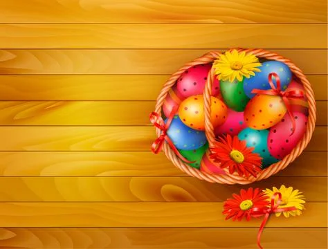 Easter background with color easter eggs in basket on wooden table . vector Stock Illustration