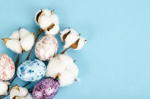Easter background, color handmade eggs on blue background, decorated with c.. Stock Photos