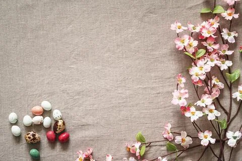 Easter background with colored easter eggs and blooming branches. Foto stock