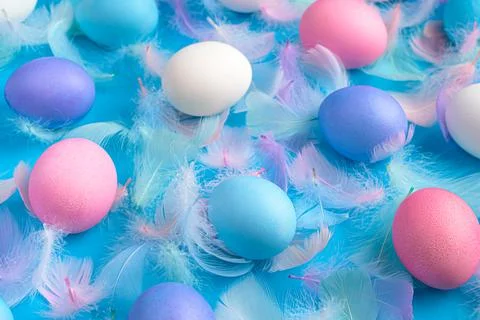 Easter background with colored eggs and feathers on a blue background. Stock Photos