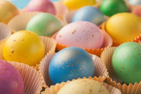Easter background. Colored eggs closeup Foto stock