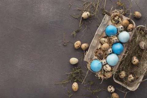 Easter background. Colored eggs on gray stone surface Foto stock
