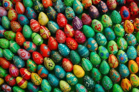 Easter background of colored eggs in green tones, traditional or Foto stock
