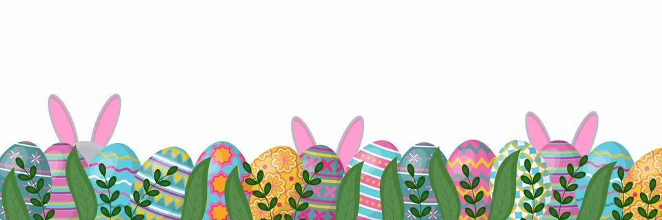 Easter background with colored eggs, plants and bunny ears. Stock Illustration