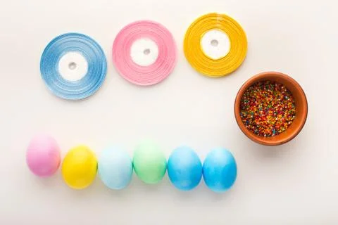 Easter background. Colored eggs on white, isolated 스톡 사진