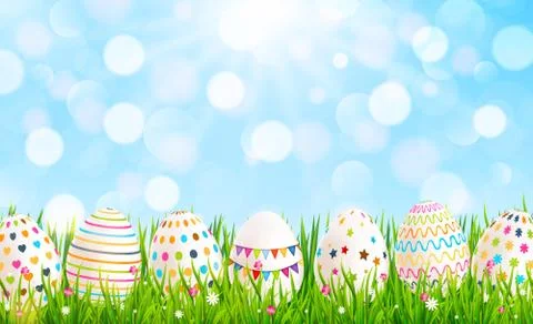 Easter background with colorful easter eggs on green grass. Vector illustrati Stock Illustration
