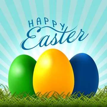 Easter background with colorful Easter eggs on green grass and Happy Easter Stock Illustration