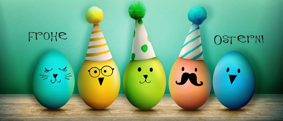 Easter background with colorful easter eggs on wooden background. Stock Photos