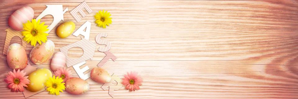Easter background with colorful easter eggs on wooden background. Stock Photos