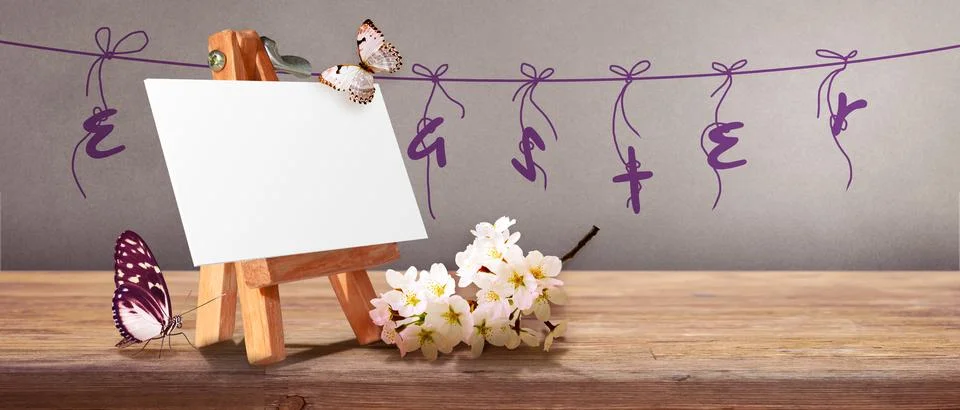Easter background with colorful easter eggs on wooden background. Stock Photos