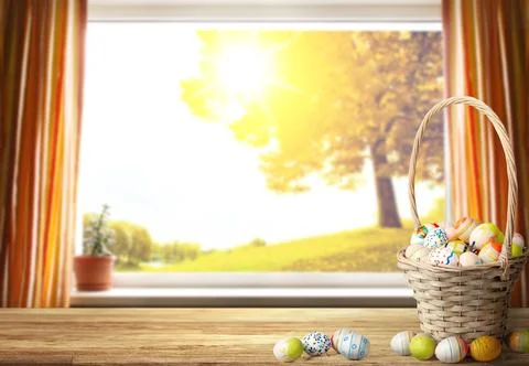 Easter background with colorful easter eggs on wooden background. Stock Photos