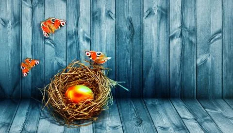 Easter background with colorful easter eggs on wooden background. Stock Photos