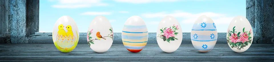 Easter background with colorful easter eggs on wooden background. Stock Photos